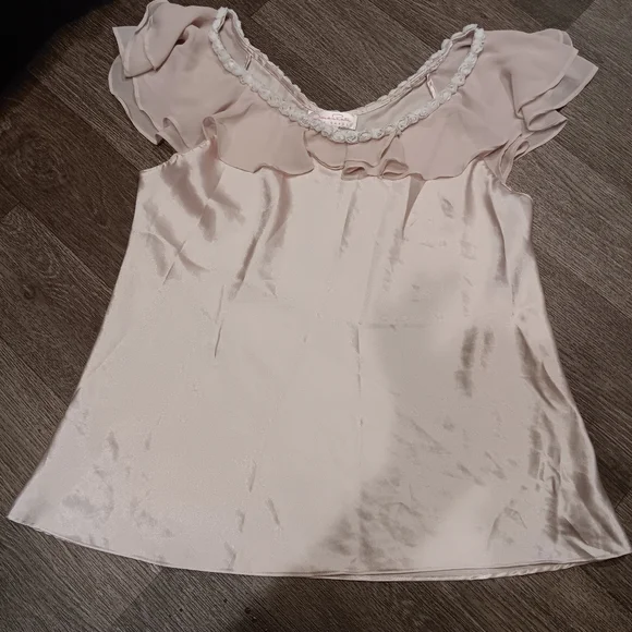 Y2k Oscar de la Renta Cream Satin Ruffle Chemise - Picture 4 of 8